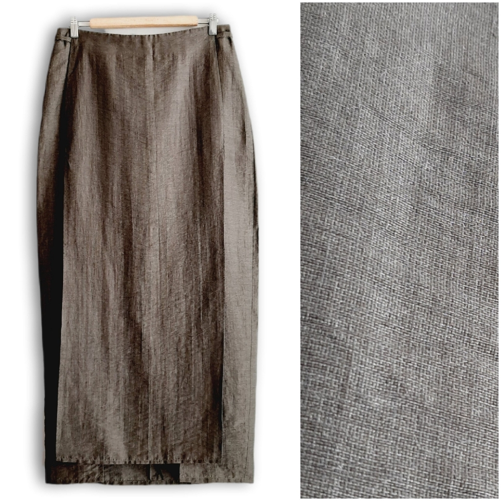ANNETTE GORTZ Linen Silk Blend Long Maxi Skirt Double Slit Elegant Gray Sz M 38